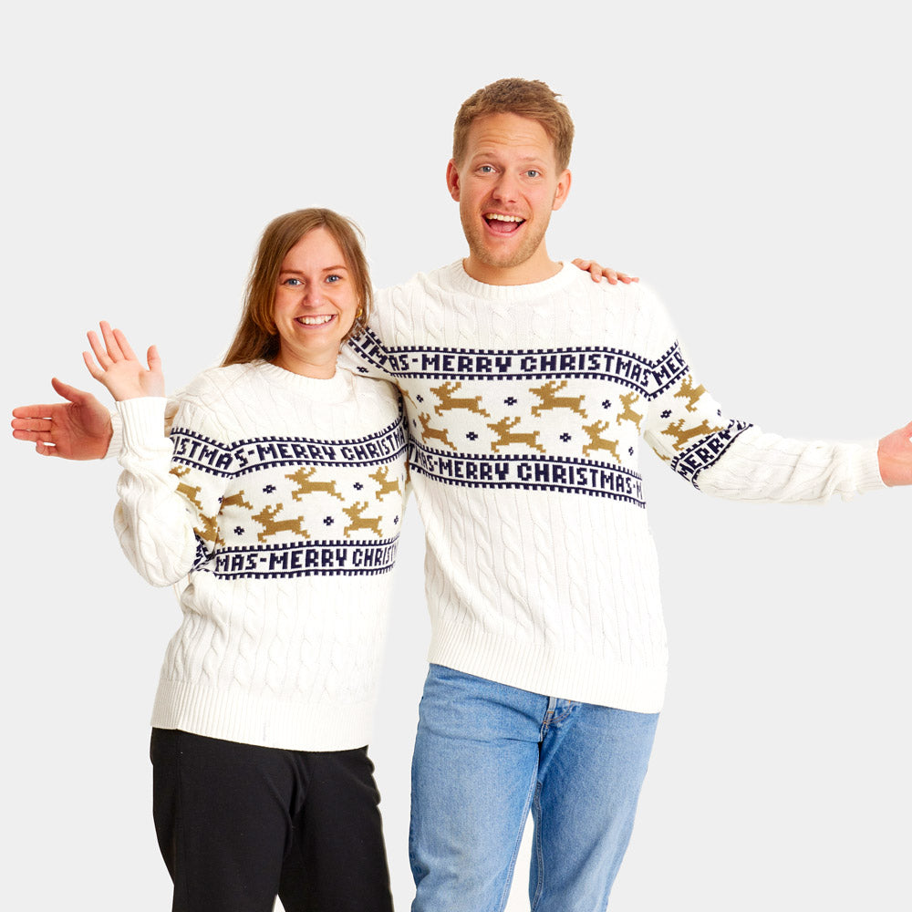 Maglione Natalizio di Coppia in Cotone Biologico Elegante Bianco con Renne
