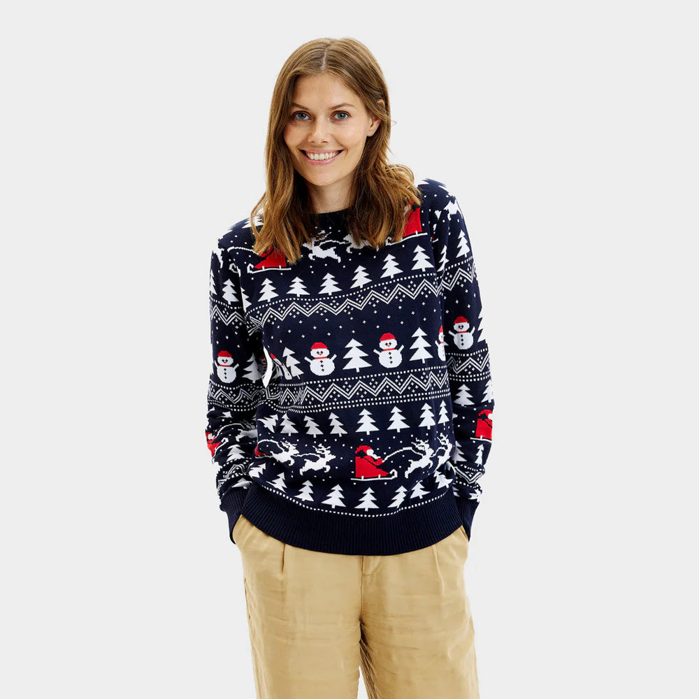 Maglione Natalizio Coppia Donna con Alberi, Pupazzi di Neve e Babbo Natale