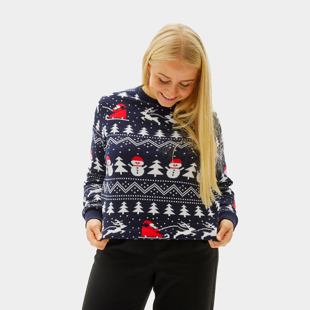 Maglione Natalizio di Coppia Donna Cotone Biologico Blu Alberi Pupazzi di Neve Babbo Natale