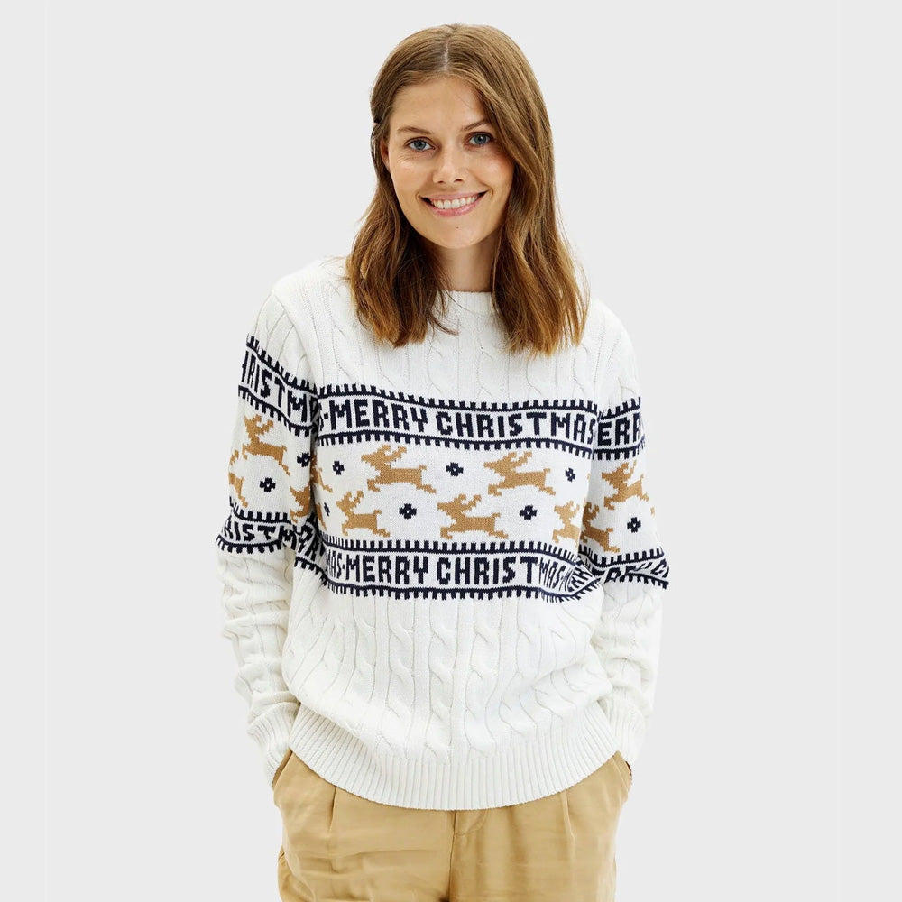 Maglione Natalizio di Coppia Donna Cotone Biologico Elegante Bianco con Renne
