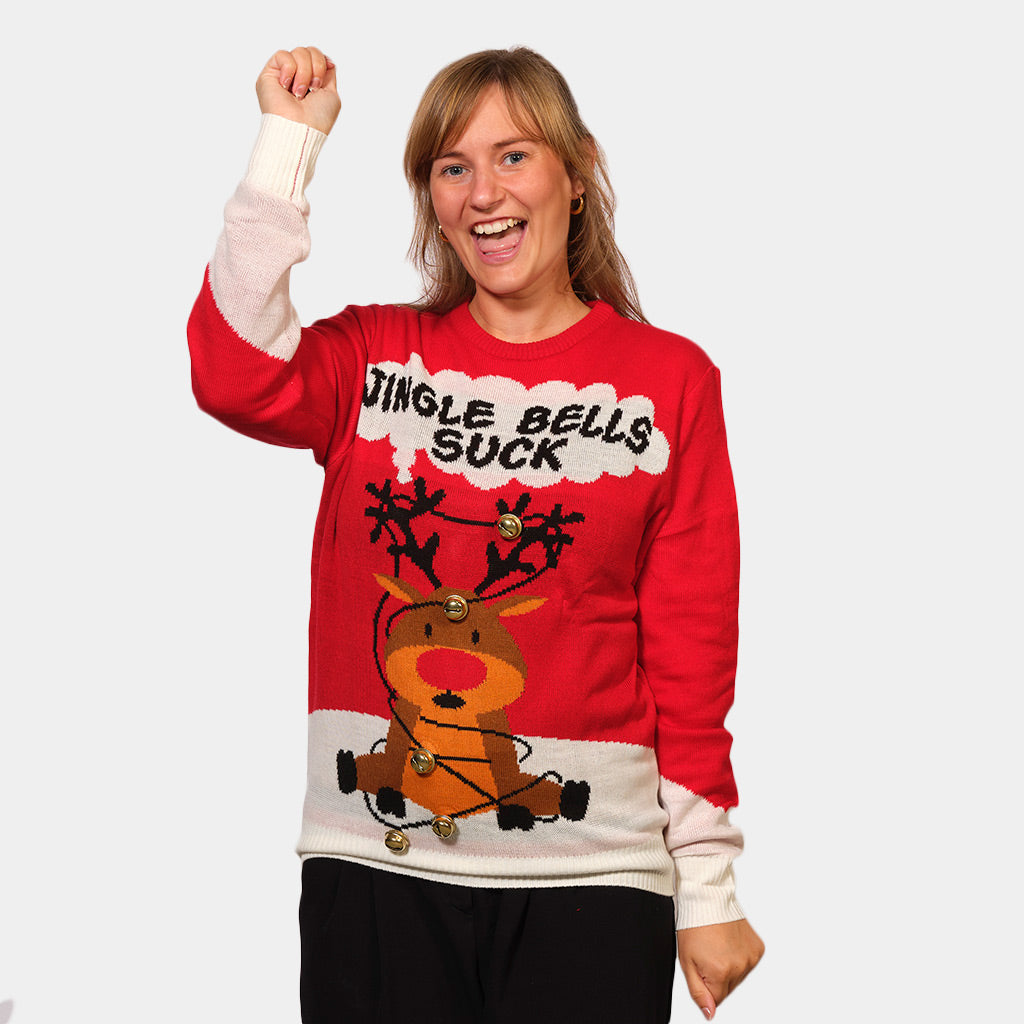 Maglione Natalizio di Coppia Donna Jingle Bells Suck Rosso con Campanelli 3D
