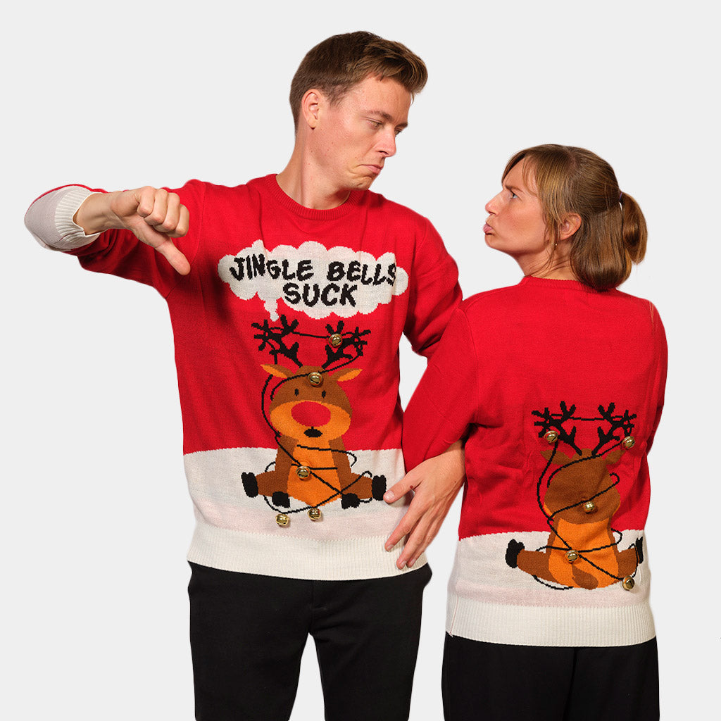 Maglione Natalizio di Coppia Jingle Bells Suck Rosso con Campanelli 3D