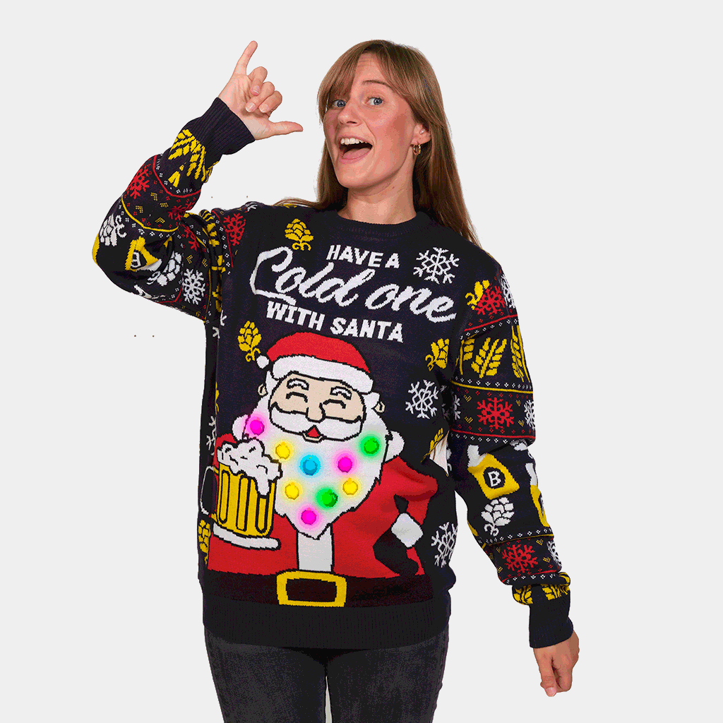 Maglione Natalizio Coppia Donna con Luci LED Babbo Natale con Birra