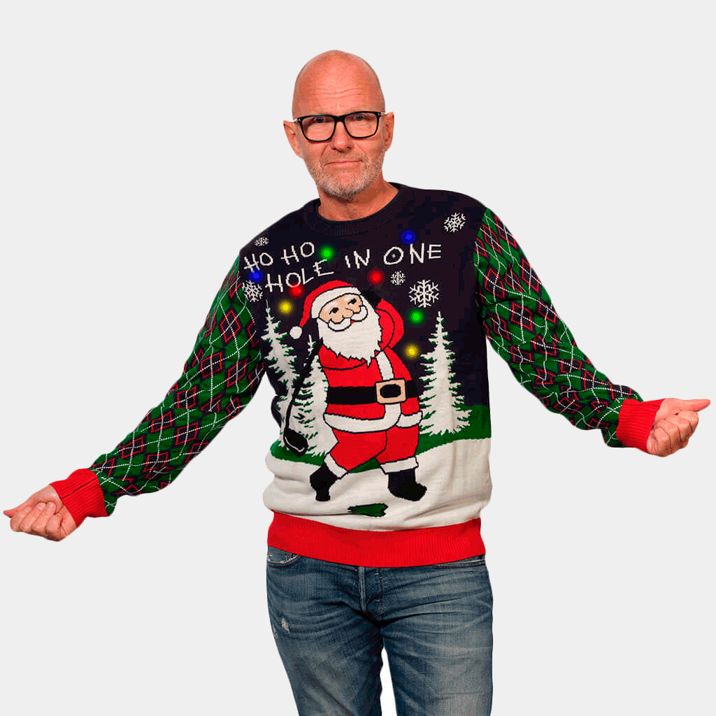 Maglione Natalizio di Coppia Uomo con Luci LED Babbo Natale che Gioca a Golf
