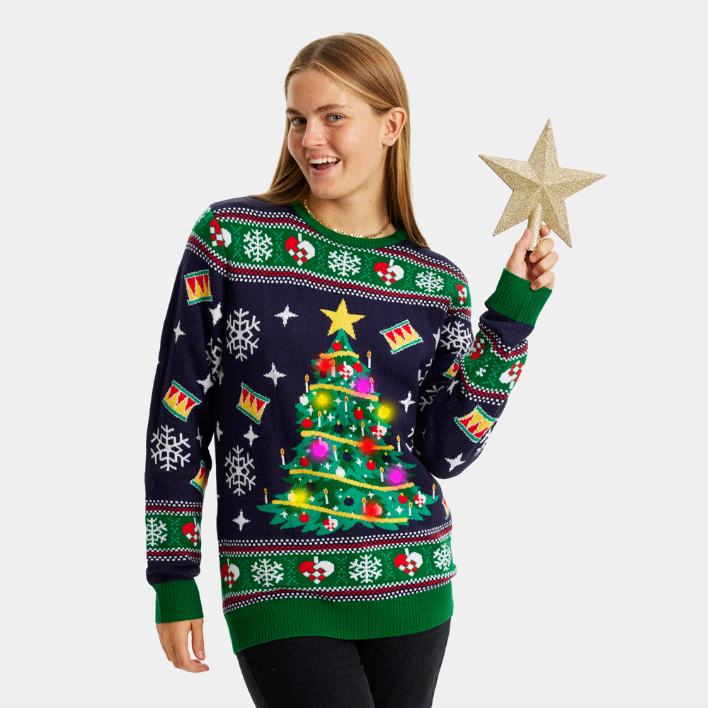 Maglione Natalizio di Coppia con Luci LED Blu con Albero di Natale Donna

