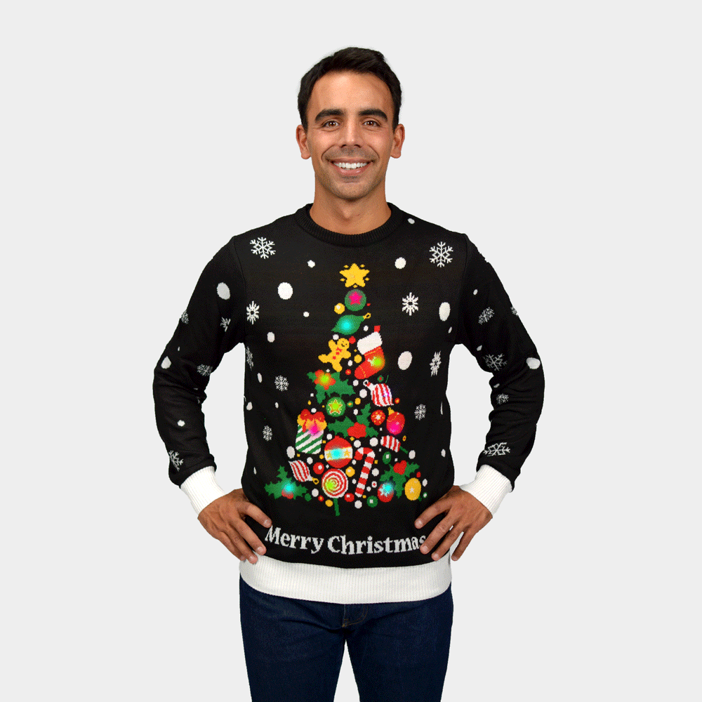 Maglione Natalizio di Coppia con Luci LED Nero con Albero di Natale Uomo