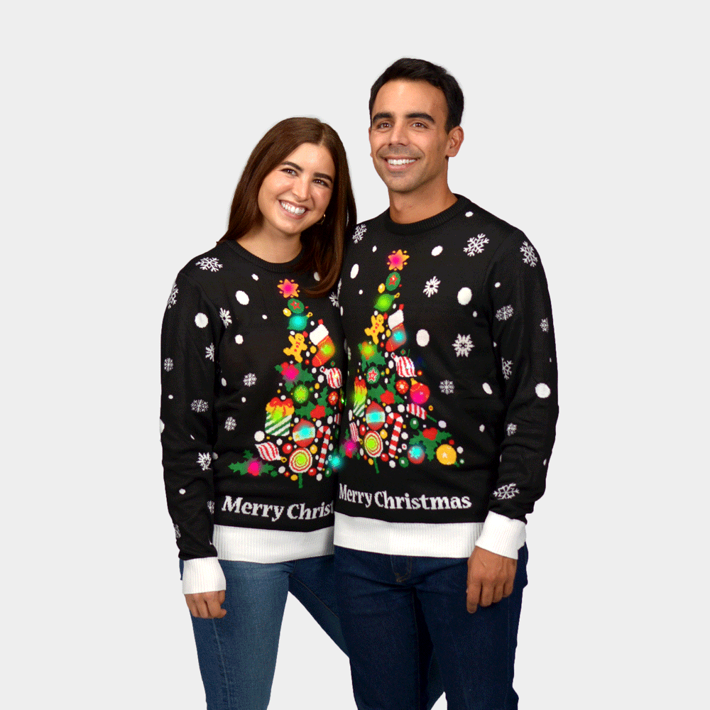 Maglione Natalizio di Coppia con Luci LED Nero con Albero di Natale
