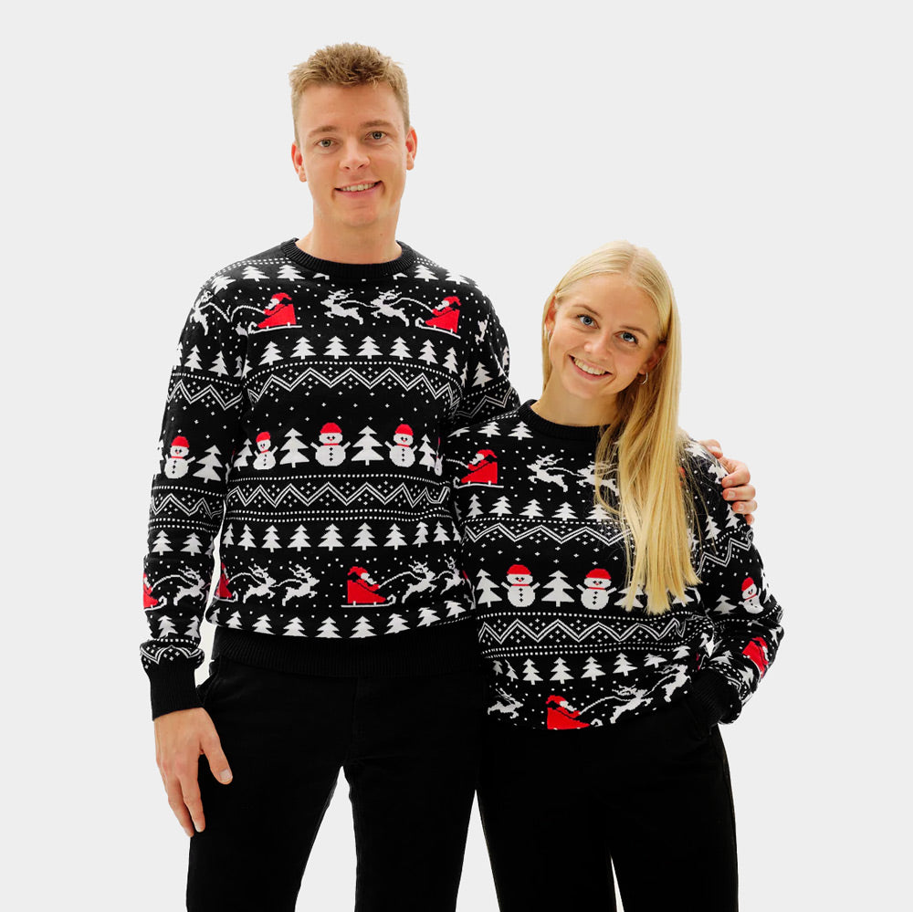 Maglione Natalizio Coppia Nero Alberi, Pupazzi di Neve e Babbo Natale
