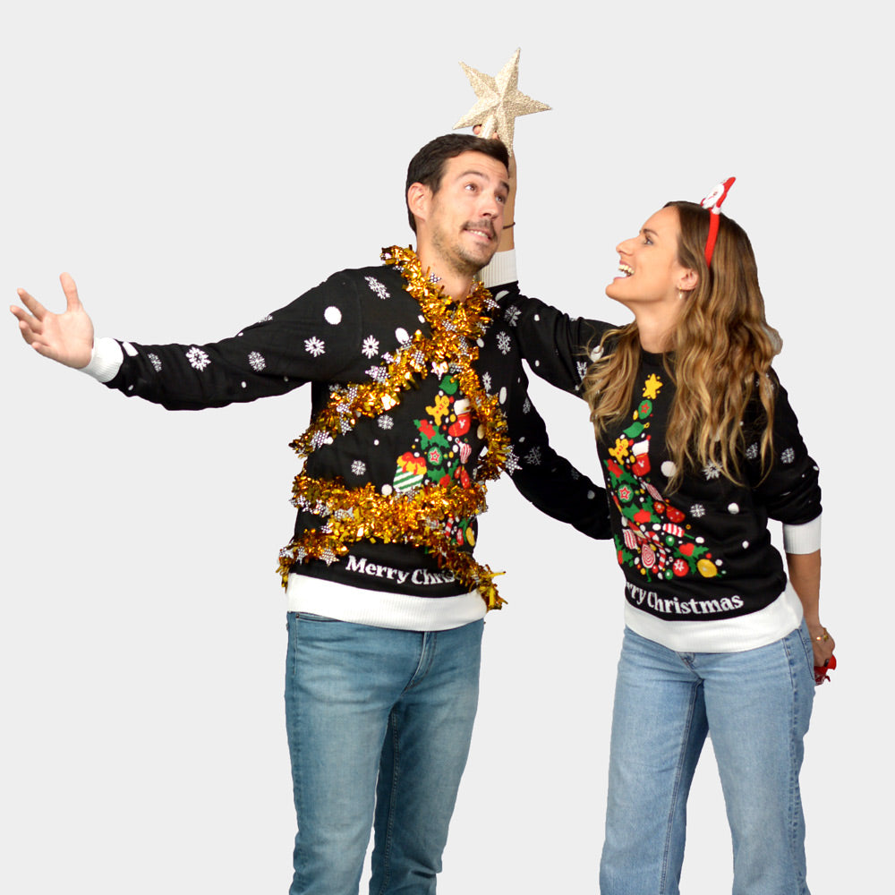 Maglione Natalizio di Coppia Nero con Albero Natalizio