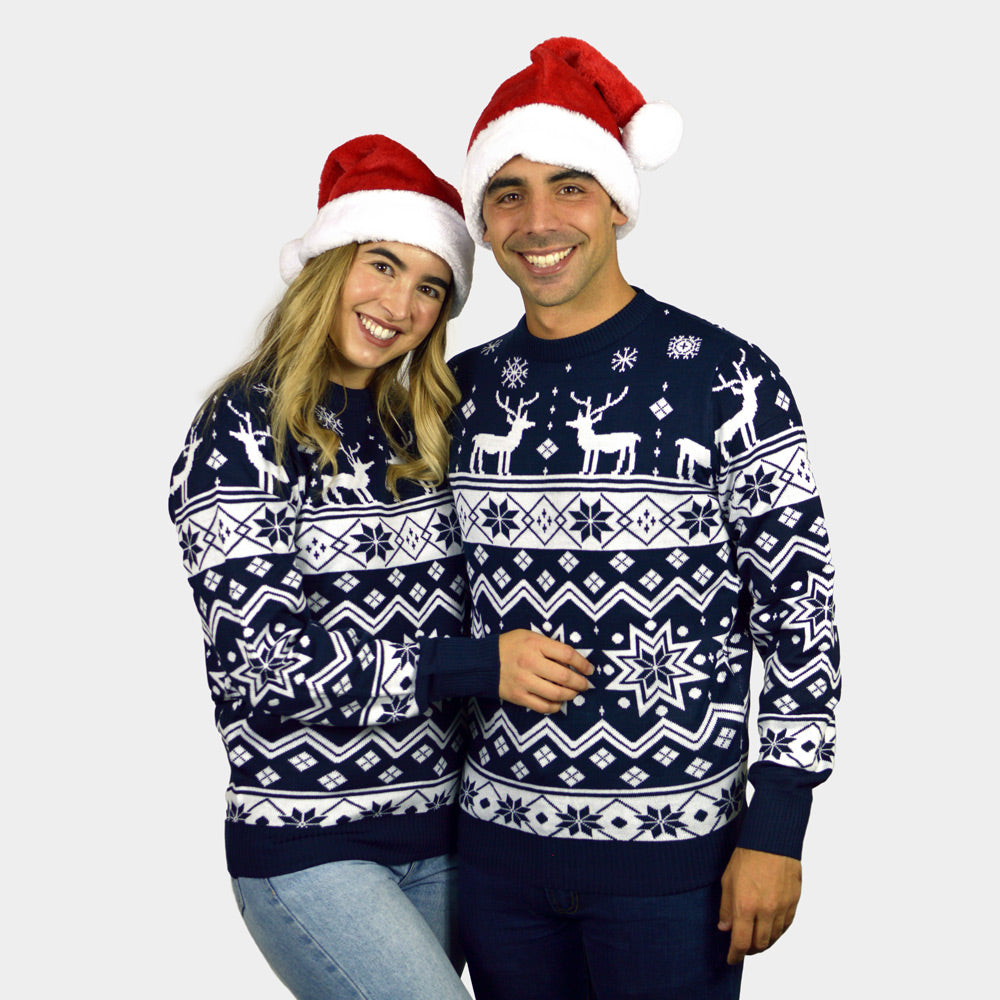 Maglione Natalizio di Coppia con Renne e Stelle Blu Nordic