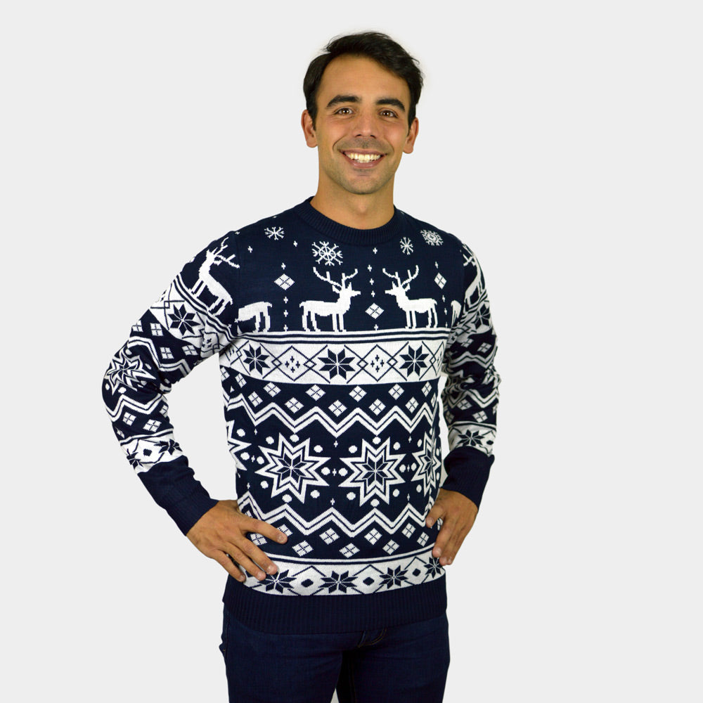 Maglione Natalizio di Coppia con Renne e Stelle Blu Nordic uomo