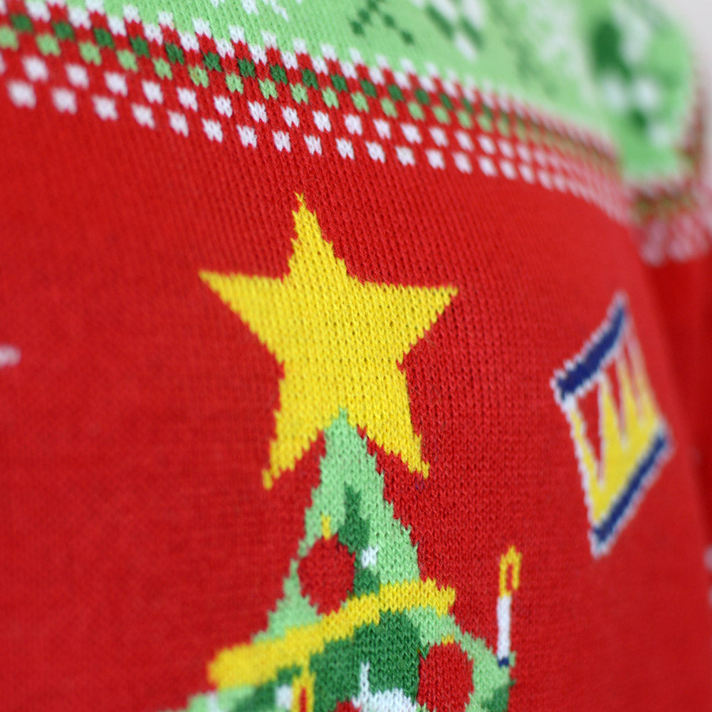 Maglione Natalizio di Coppia Rosso con Albero di Natale con Luci LED
