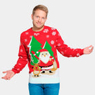 Maglione Natalizio di Coppia Rosso Uomo con Babbo Natale e Renna che Salutano