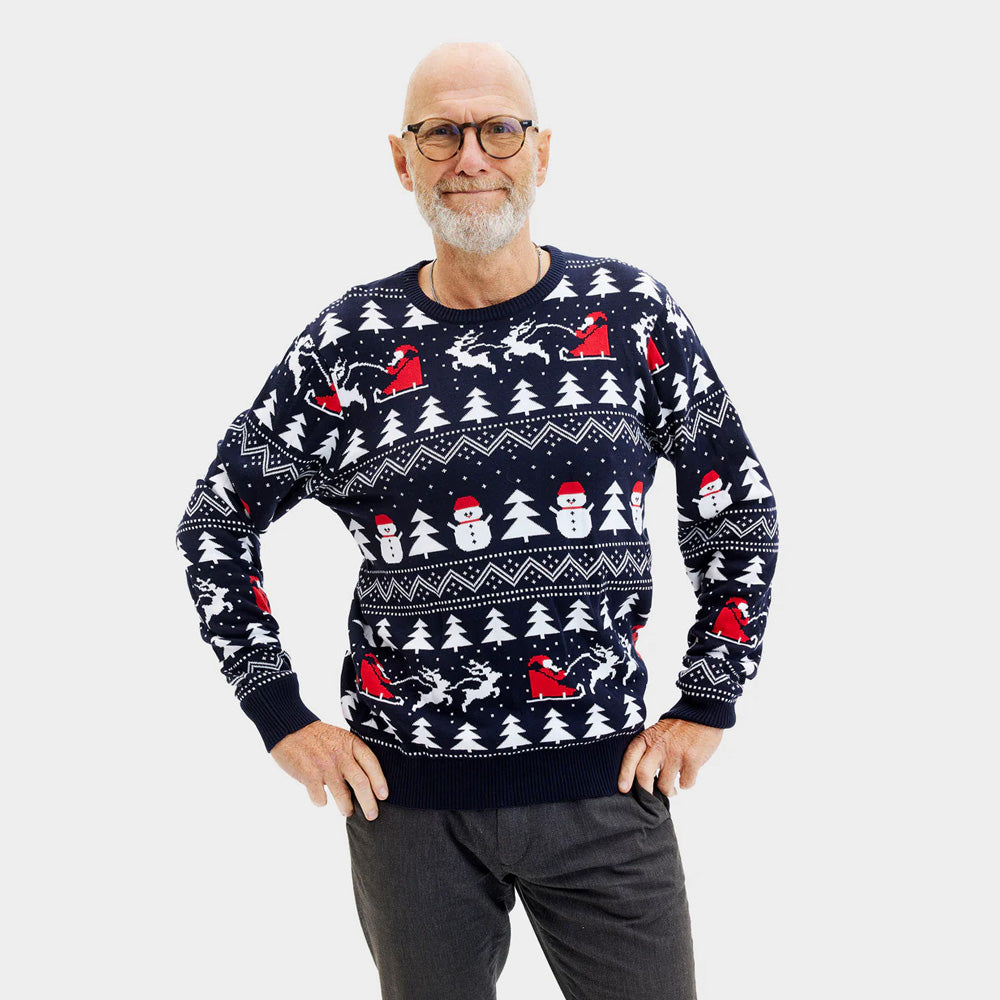 Maglione Natalizio Coppia Uomo con Alberi, Pupazzi di Neve e Babbo Natale