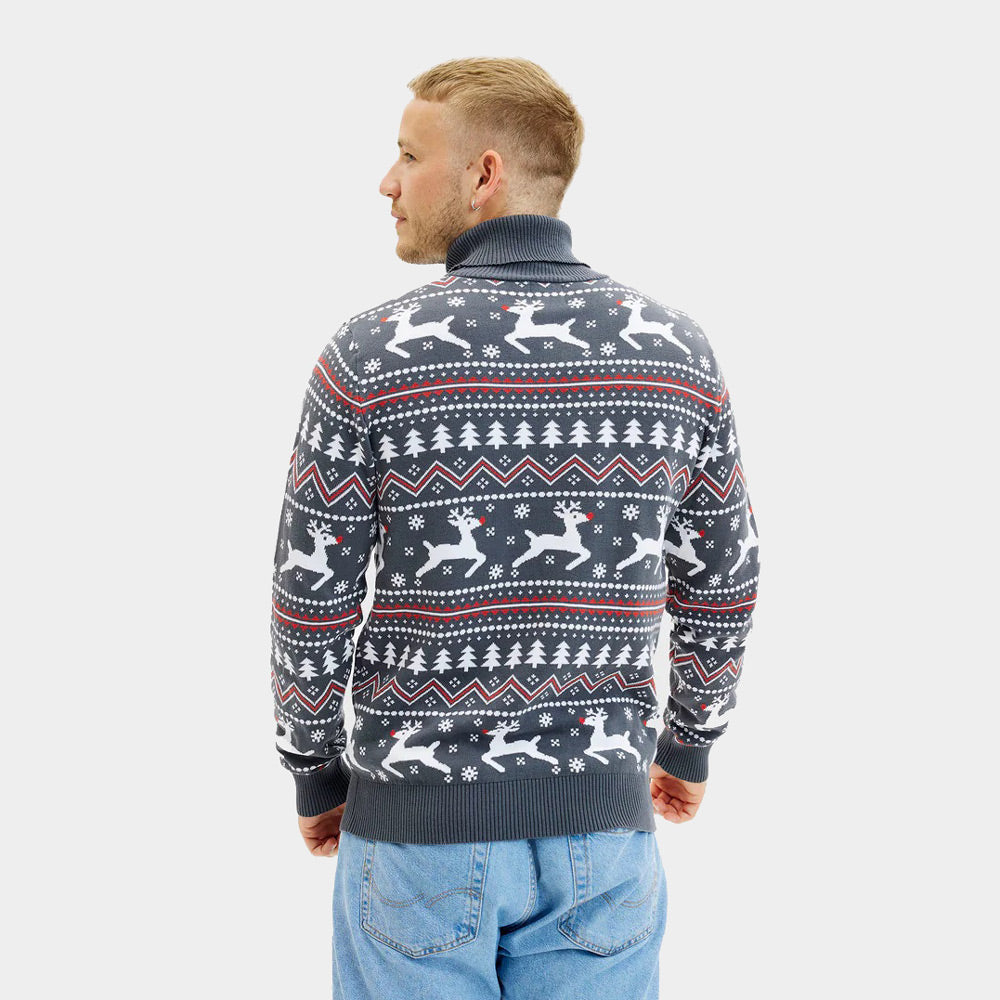 Maglione Natalizio di Coppia uomo  Cotone Biologico a Collo Alto Grigio con Renne