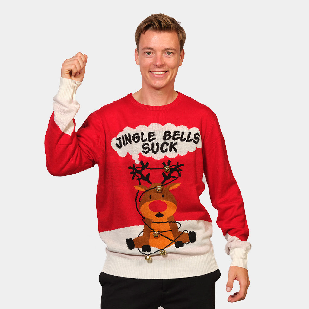 Maglione Natalizio di Coppia Uomo Jingle Bells Suck Rosso con Campanelli 3D