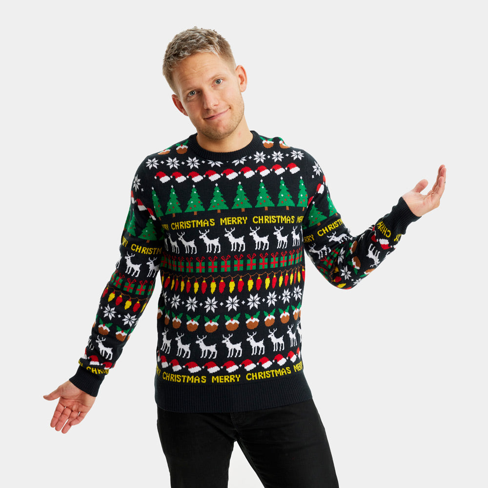 Maglione Natalizio Coppia Uomo Nero con Alberi, Renne e Regali
