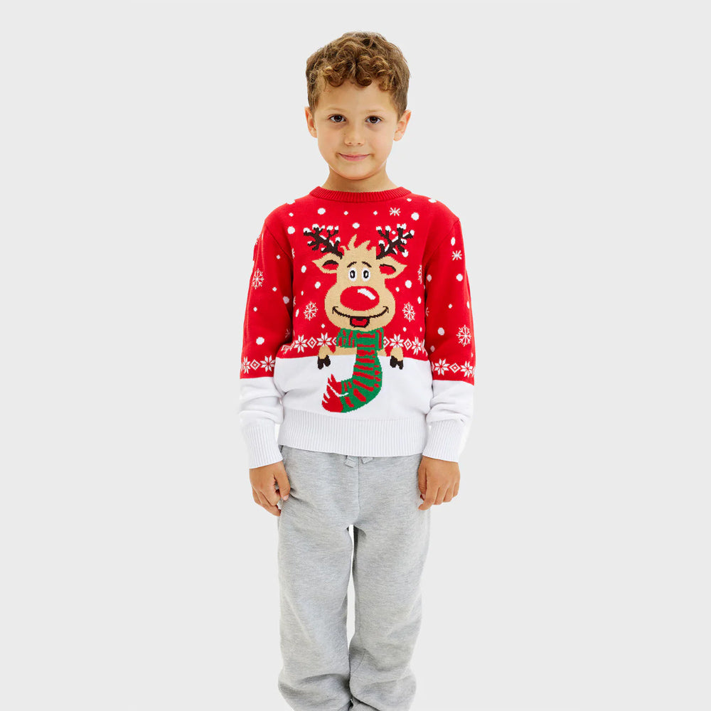 Maglione Natalizio Bambini Cotone Biologico con Renna con Sciarpa
