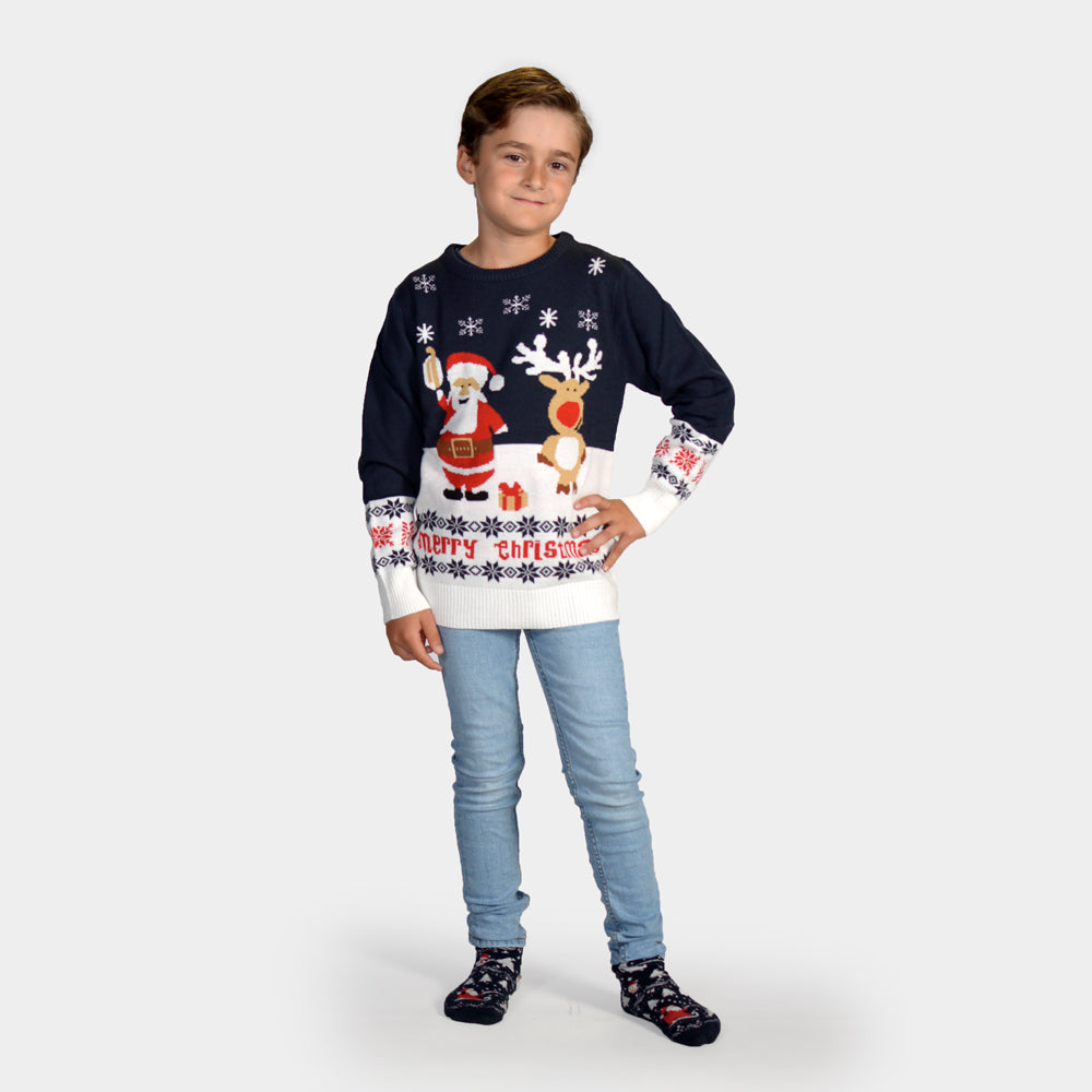 Bambini Maglione Natalizio Cotone Bio Blu Babbo Natale Renna Rudolph
