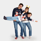 Maglione Natalizio la Famiglia Cotone Biologico Blu Babbo Natale Renna Rudolph
