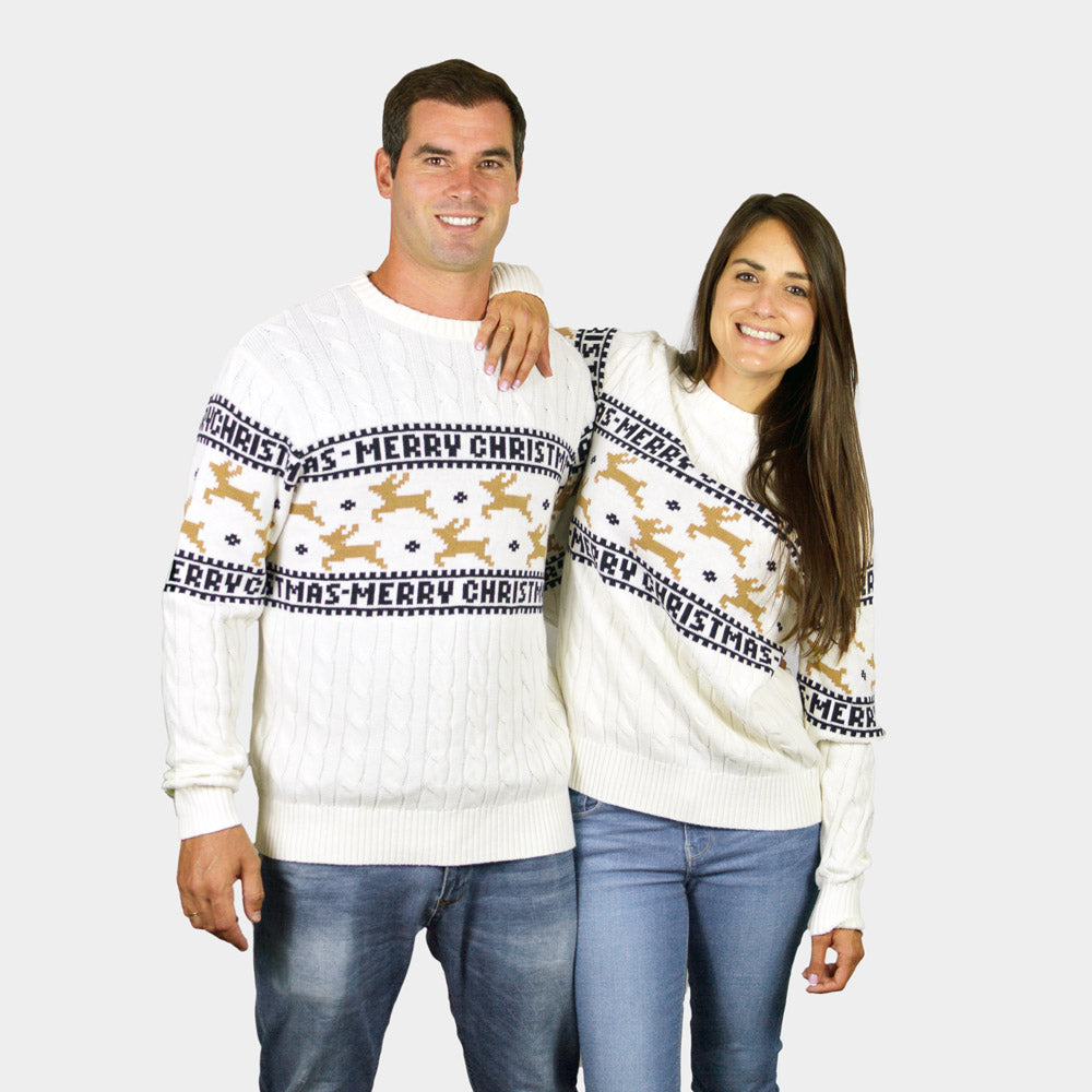 Maglione Natalizio Coppia Cotone Biologico Elegante Bianco con Renne
