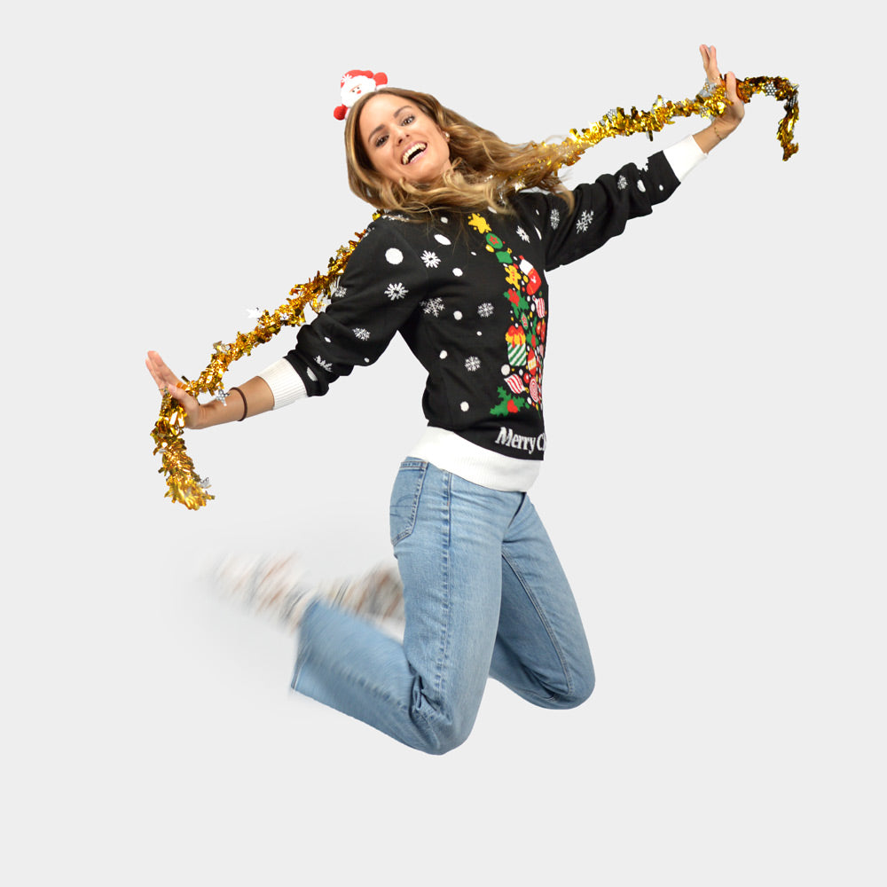 Maglione Natalizio Donna Nero Albero Natalizio