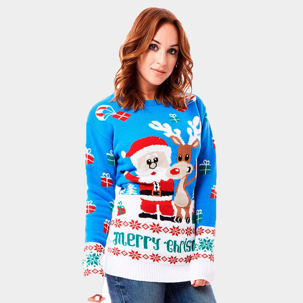 Maglione Natalizio da Donna Azzurro con Renna e Babbo Natale