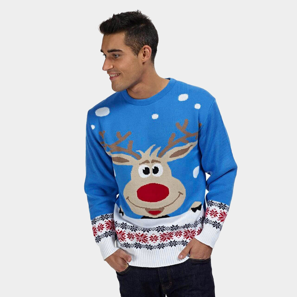 Maglione Natalizio da Donna Uomo Azzurro con Renna e Neve
