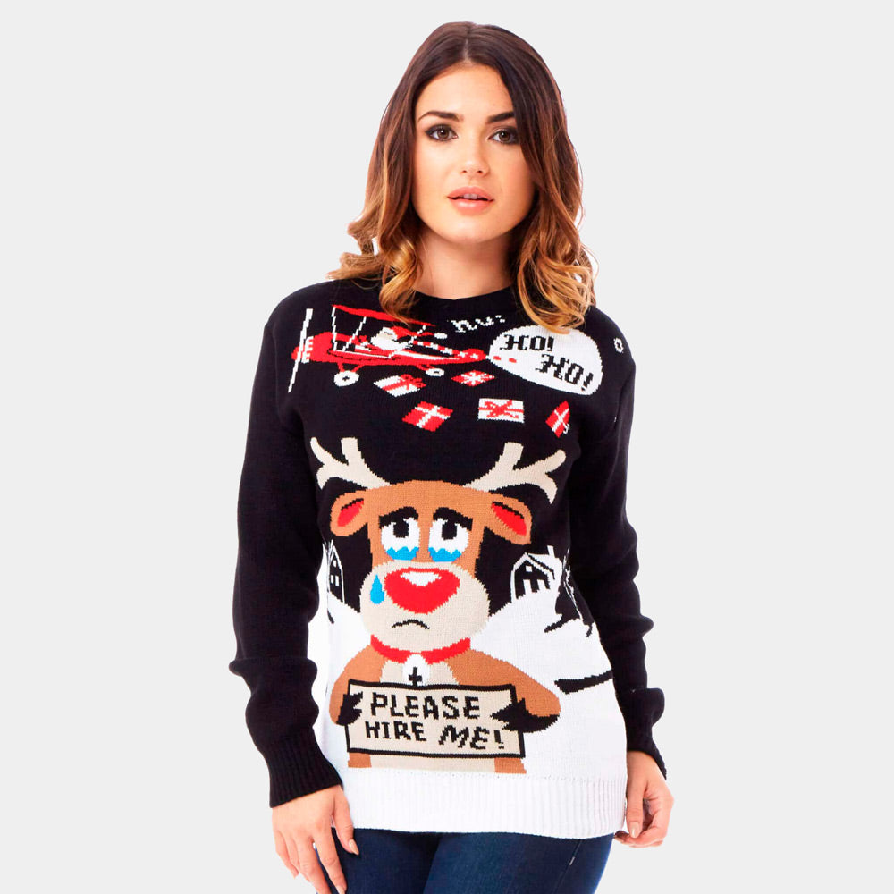 Maglione Natalizio Donna Babbo Natale e Renna in Cerca di Lavoro
