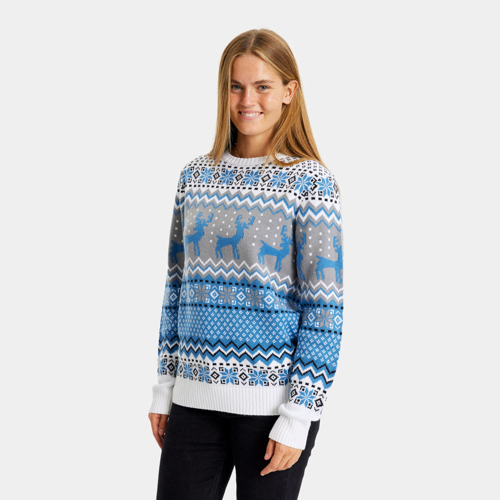 Maglione Natalizio da Donna Bianco, Grigio e Blu con Renne Elegante