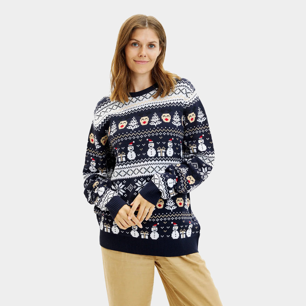 Maglione Natalizio da Donna Blu con Pupazzi di Neve e Motivi Natalizi