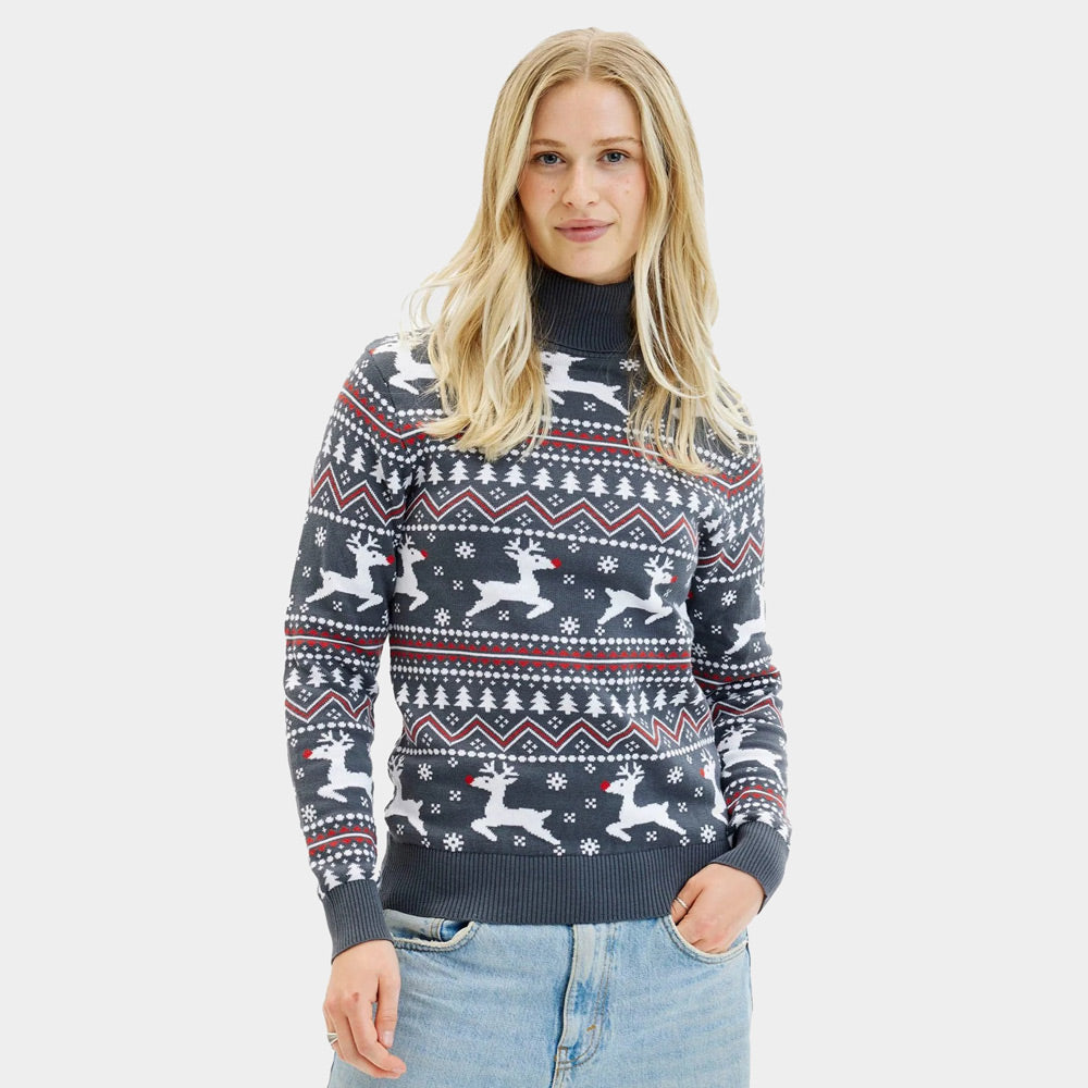 Maglione Natalizio donna Coppia in Cotone Biologico a Collo Alto Grigio con Renne