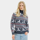 Maglione Natalizio da Donna in Cotone Biologico a Collo Alto Grigio con Renne