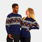 Maglione Natalizio Donna e uomo Cotone Biologico Elegante Blu con Renne
