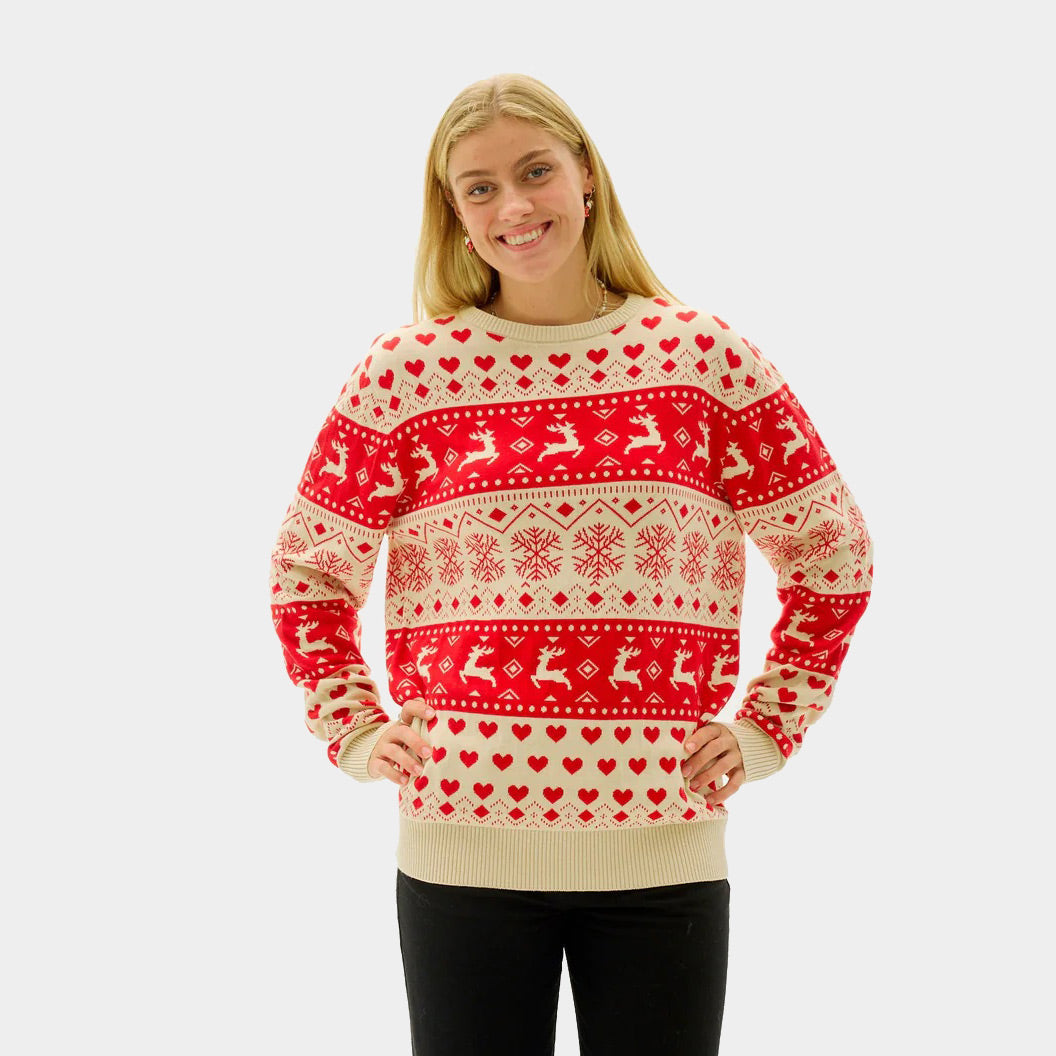 Maglione Natalizio Donna  Cotone Biologico con Cuori Rossi e Beige