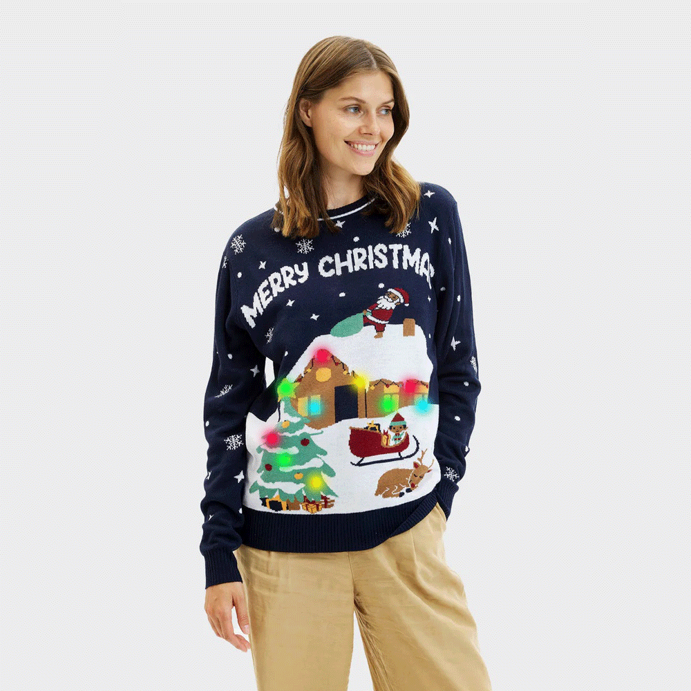 Maglione Natalizio da Donna con Luci LED Blu Merry Christmas
