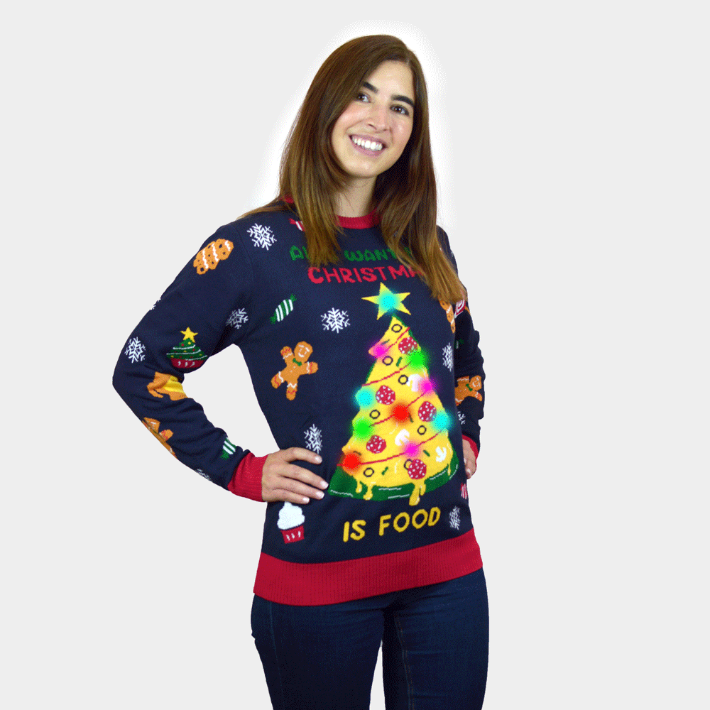 Maglione Natalizio da Donna con Luci LED Cibo Natalizio
