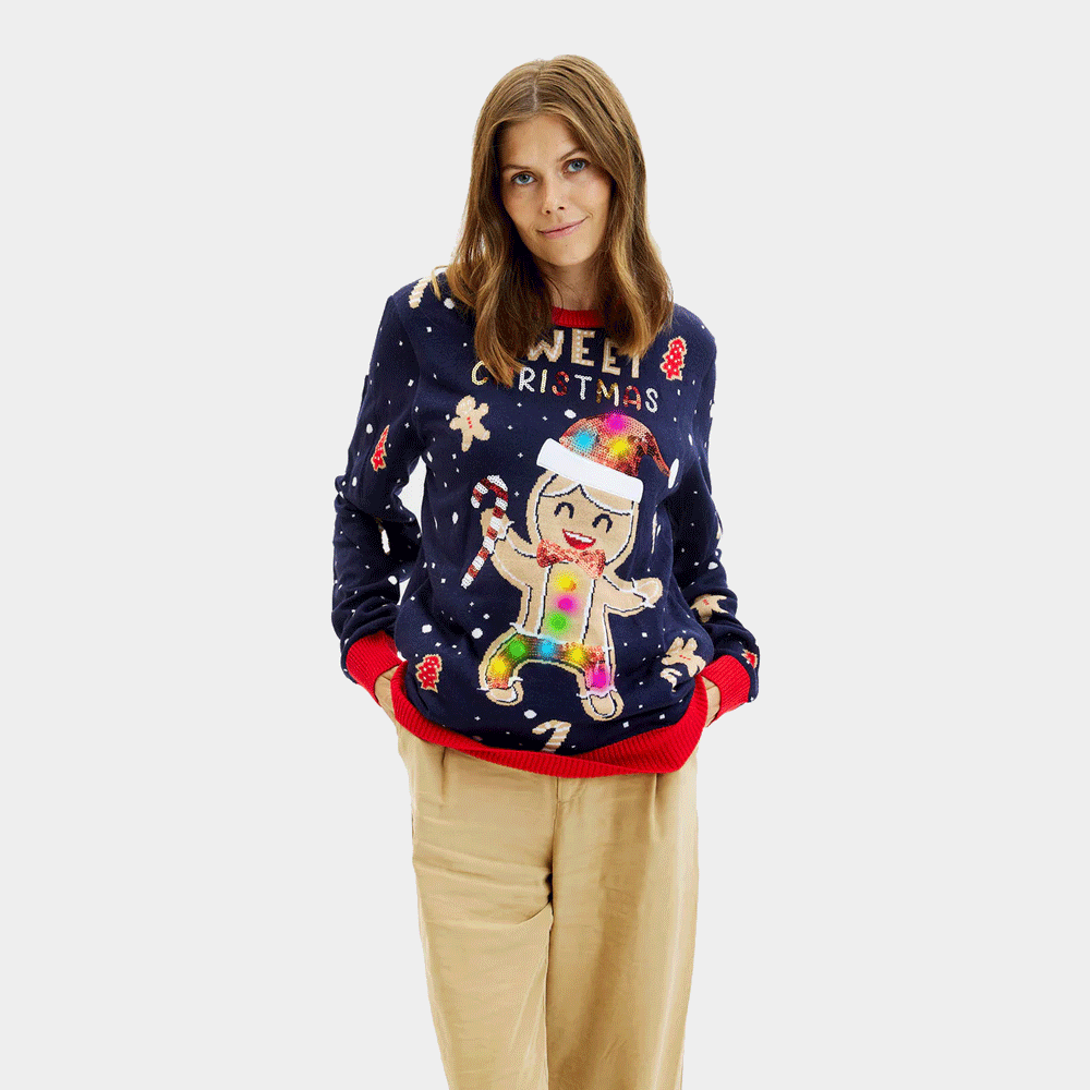 Maglione Natalizio da Donna Luci LED Donna Blu Ginger Cookie