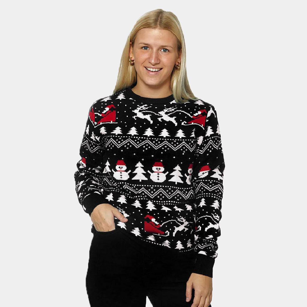 Maglione Natalizio da Donna Nero Alberi, Pupazzi di Neve e Babbo Natale