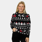 Maglione Natalizio da Donna Nero Alberi, Pupazzi di Neve e Babbo Natale