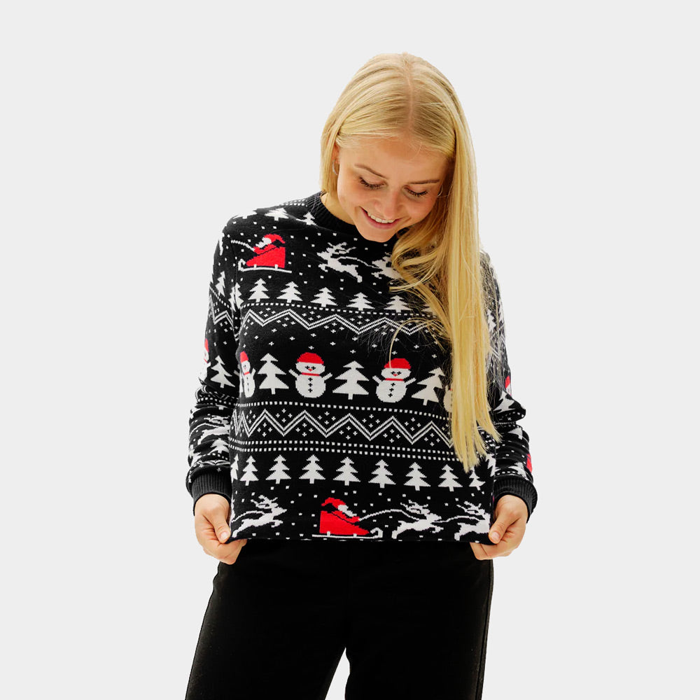 Maglione Natalizio da Donna Nero Pupazzi di Neve e Babbo Natale Alberi