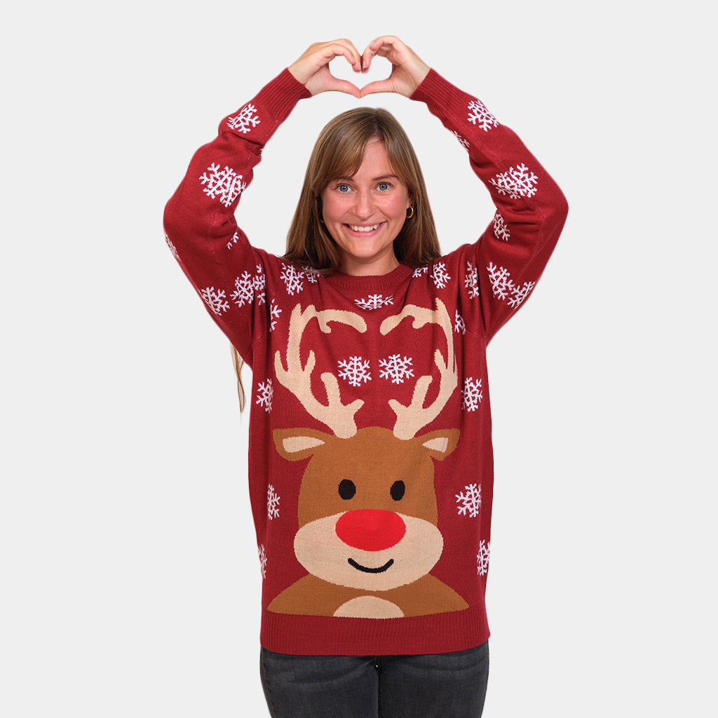 Maglione Natalizio da Donna con Renna Rudolph Rosso