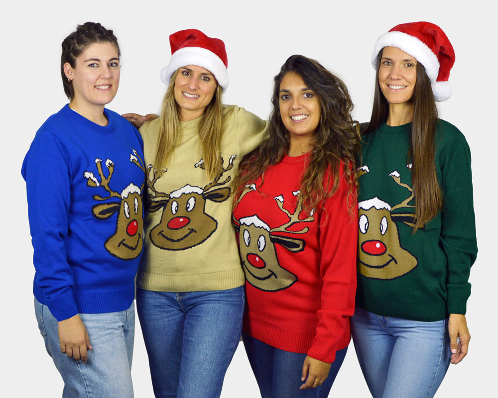 Maglione Natalizio da Donna Renna Sorridente Rosso Blue Verde e Beige

