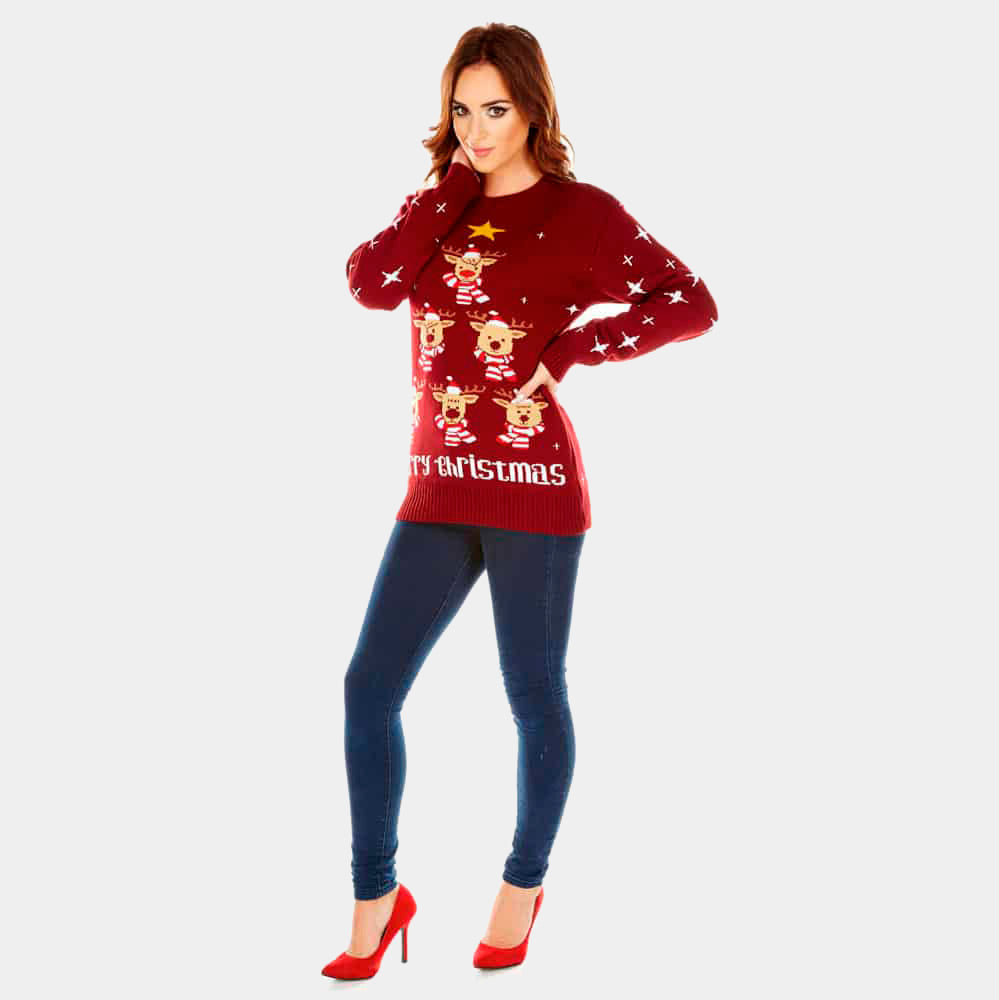 Maglione Natalizio Donna con Renne Albero Natalizio Stella Bordeaux 