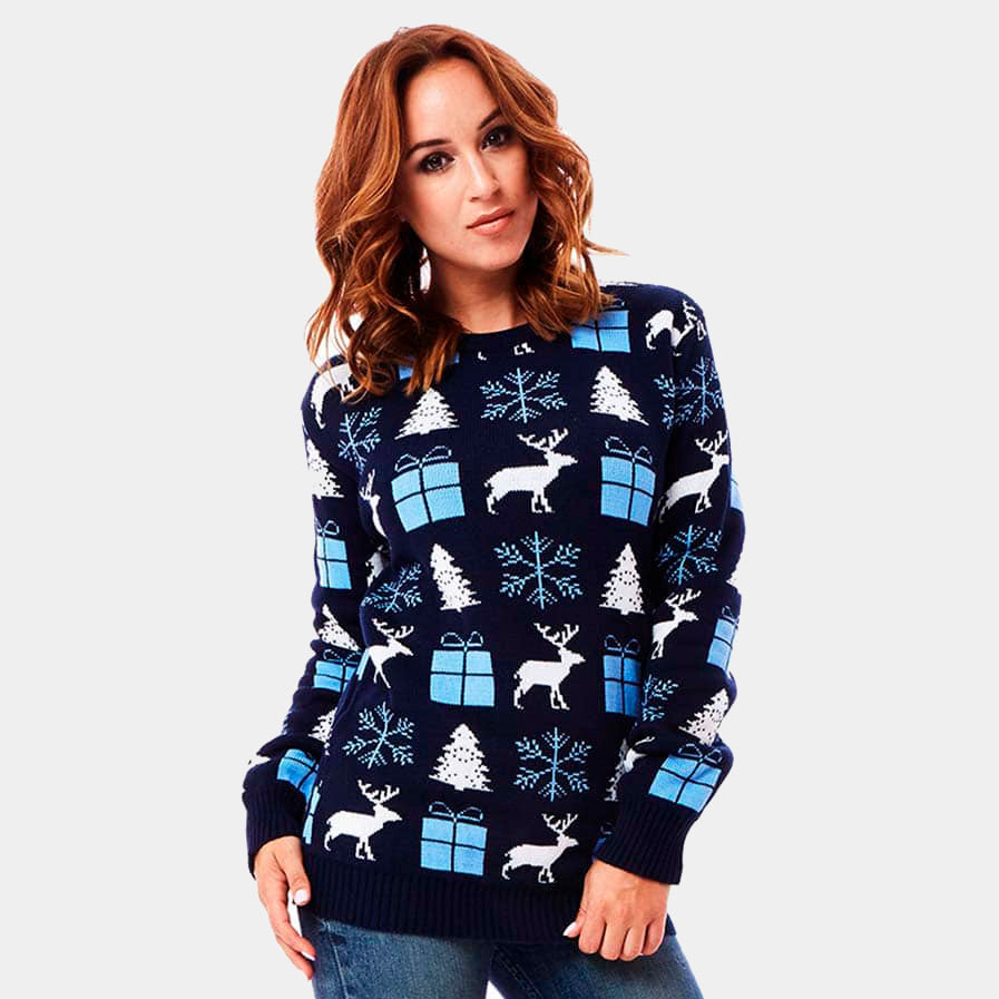 Maglione Natalizio Donna Blu con Renne, Regali e Pini
