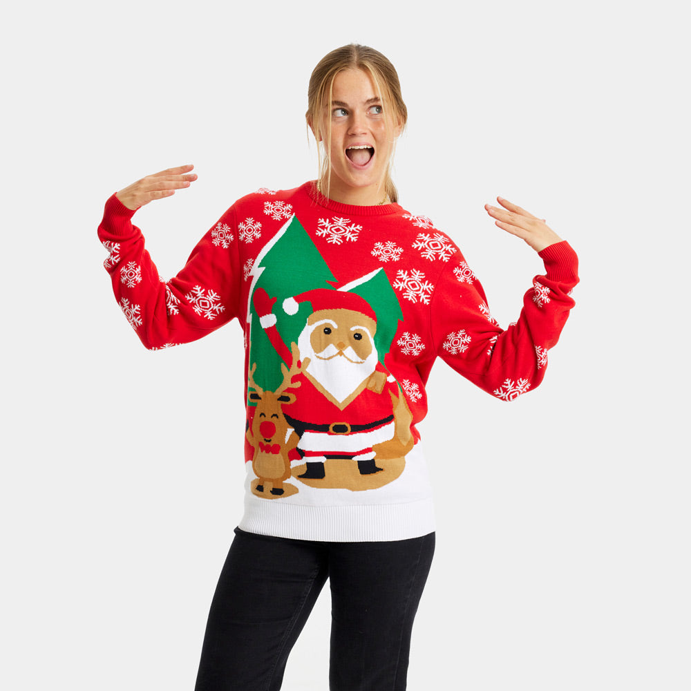 Maglione Natalizio da Donna Rosso con Babbo Natale e Renna che Salutano