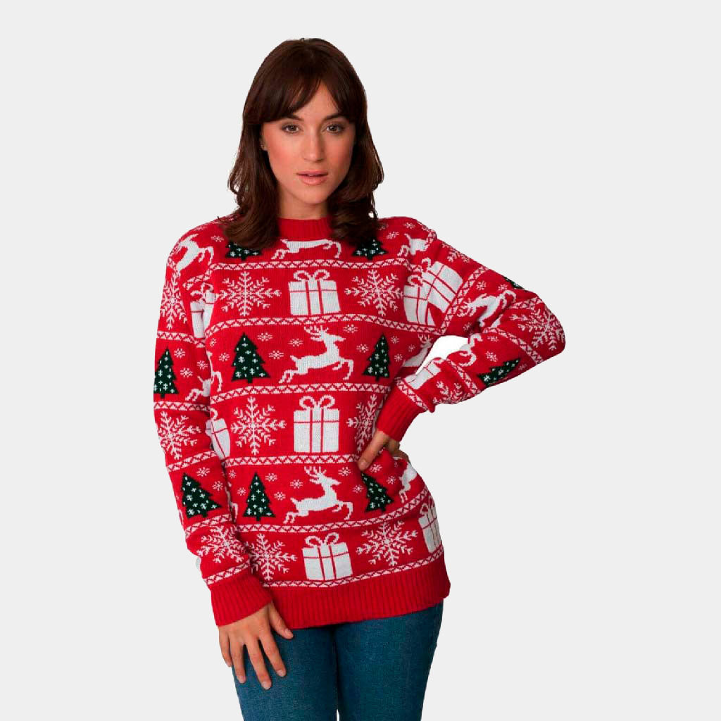 Maglione Natalizio Donna Rosso con Renne, Alberi e Regali di Natale
