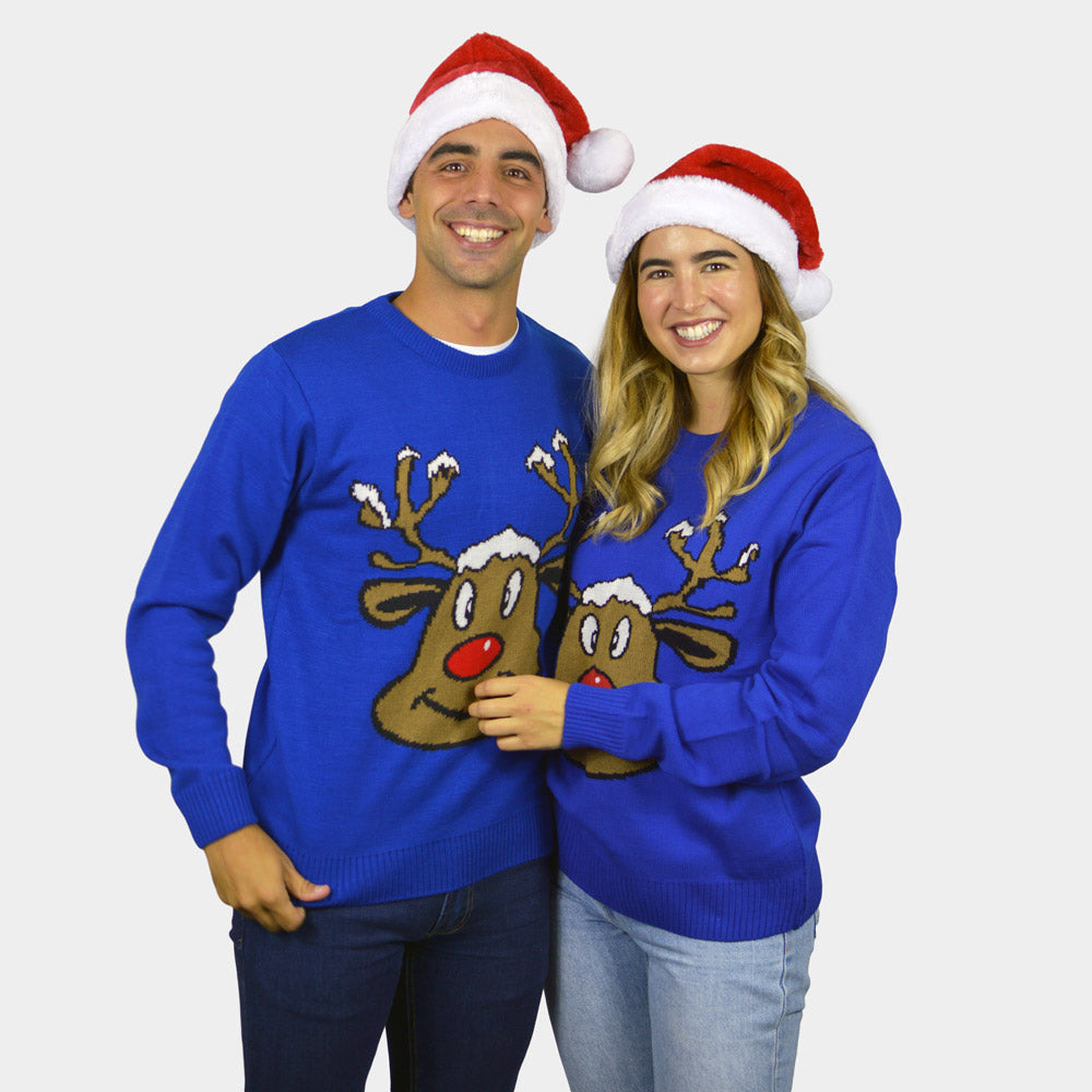 Maglione Natalizio donna e uomo Blu con Renna Sorridente
