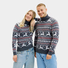 Maglione Natalizio da Donna Uomo in Cotone Biologico a Collo Alto Grigio con Renne