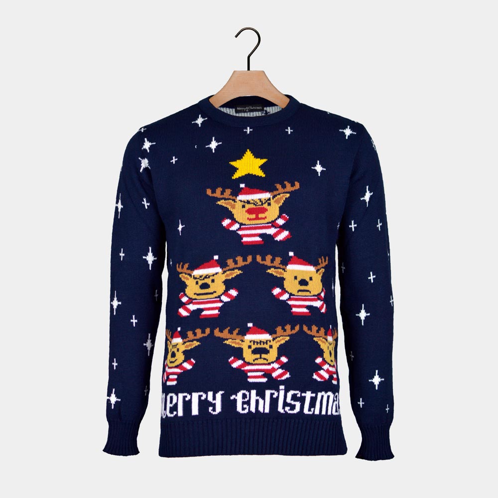 Maglione Natalizio Donna e Uomo Blu Renne Albero Natalizio Stella
